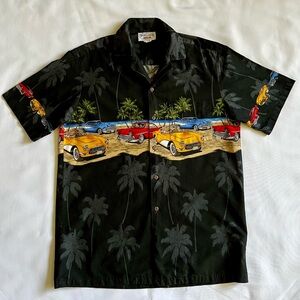 Pacific Legend Men’s Hawaiian Shirt Medium Black Classic Cars Print Cotton